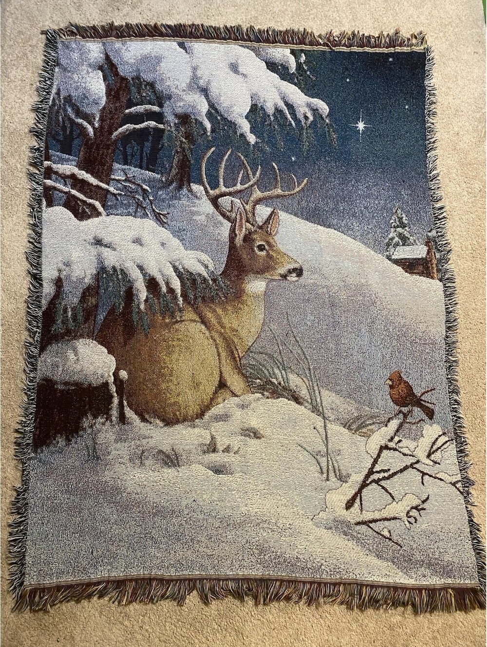 Vintage Snowy Woods Themed Buck Deer & Cardinal Tapestry Throw Blanket - 4'x5.5'